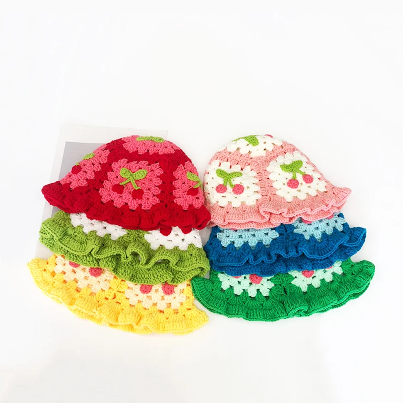 Wholesale vintage flowers hand-knitted fisherman hat women sweet hollow flowers crochet bucket hat