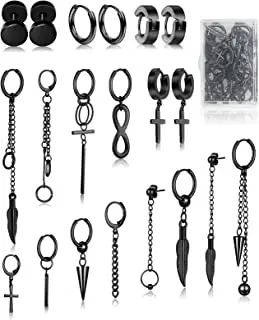 R.Gem. 20 Pieces Korea Kpop Women  Boys Punk Stainless Steel Dangle Long Chain Stud Huggie Hinged Hoop Earring Set