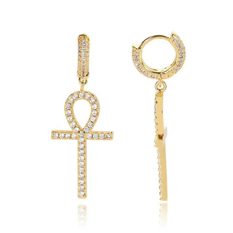 Hot Selling Bling Micro Paved Cubic Zirconia Diamond Egyptian Ankh Cross Drop Huggie Hoop Earrings Gold Copper Jewelry For Women