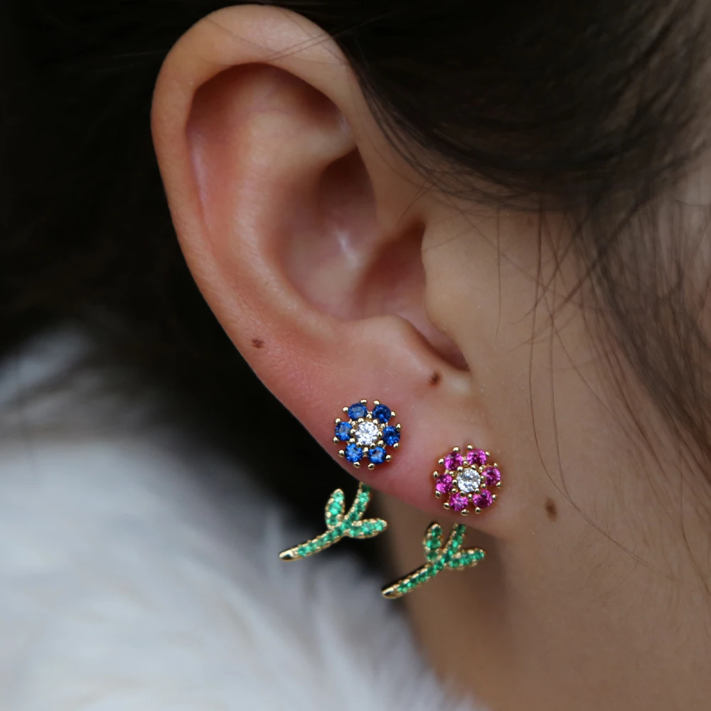 Red blue green yellow 4 colors bloom flower double sided earring for girl women elegance 2023 Gold jewelry
