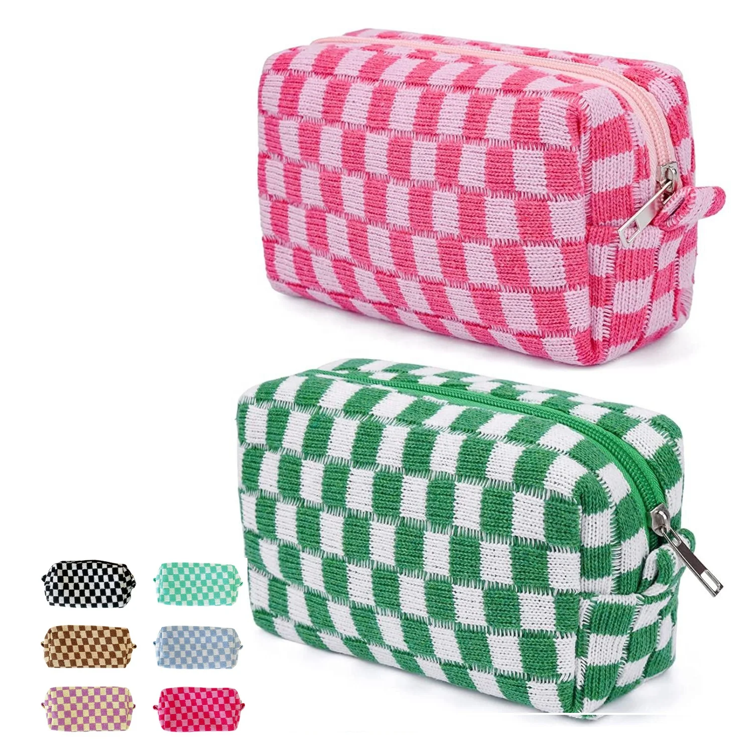 Portable Retro Knitted Women Cosmetiqueras Checkerboard Knitting Pouch Bag Contrast Makeup Case Cosmetic Bags Storage Bag