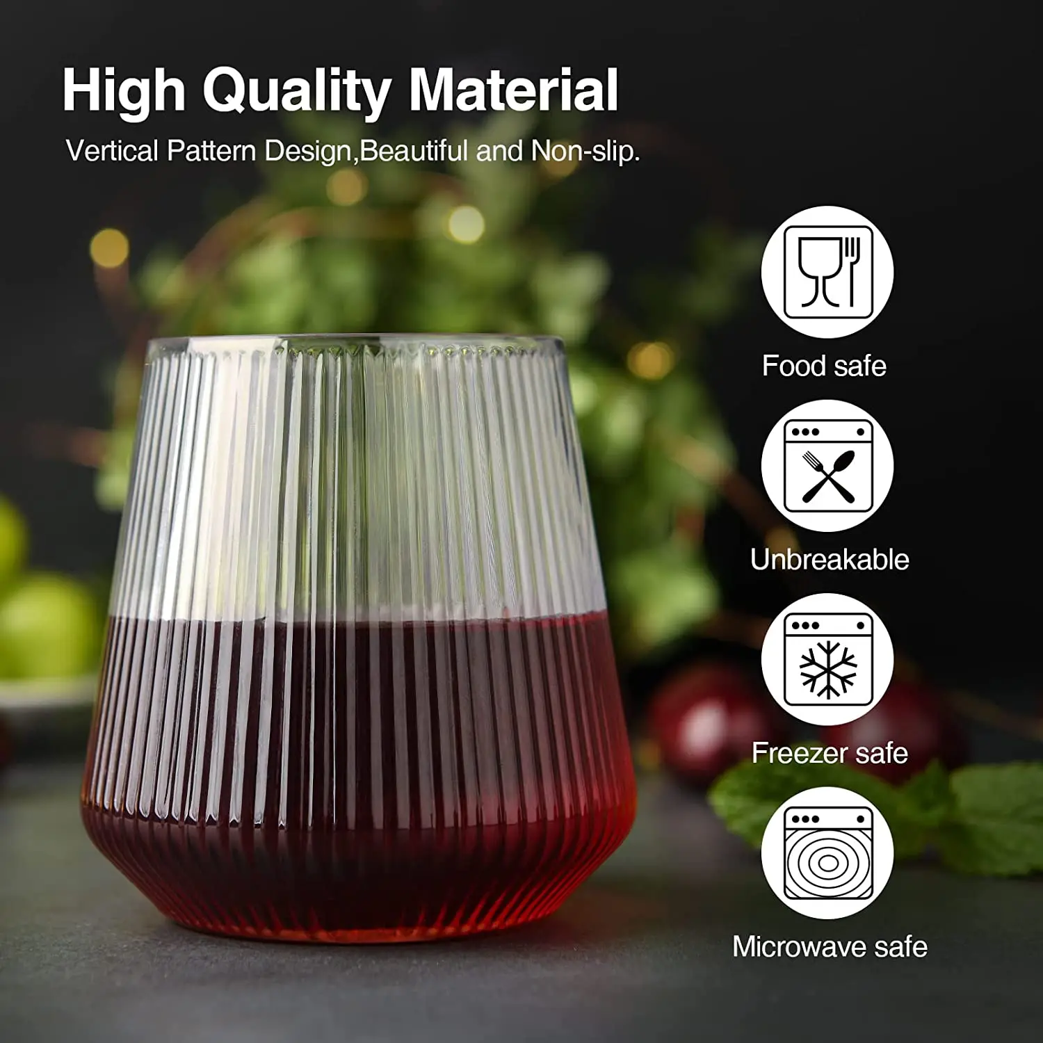 Recycleble 12oz Vertical Pattern Design Stripe Stemless Wine Glasses Plastic Unbreakable Ribbed Wine Glass