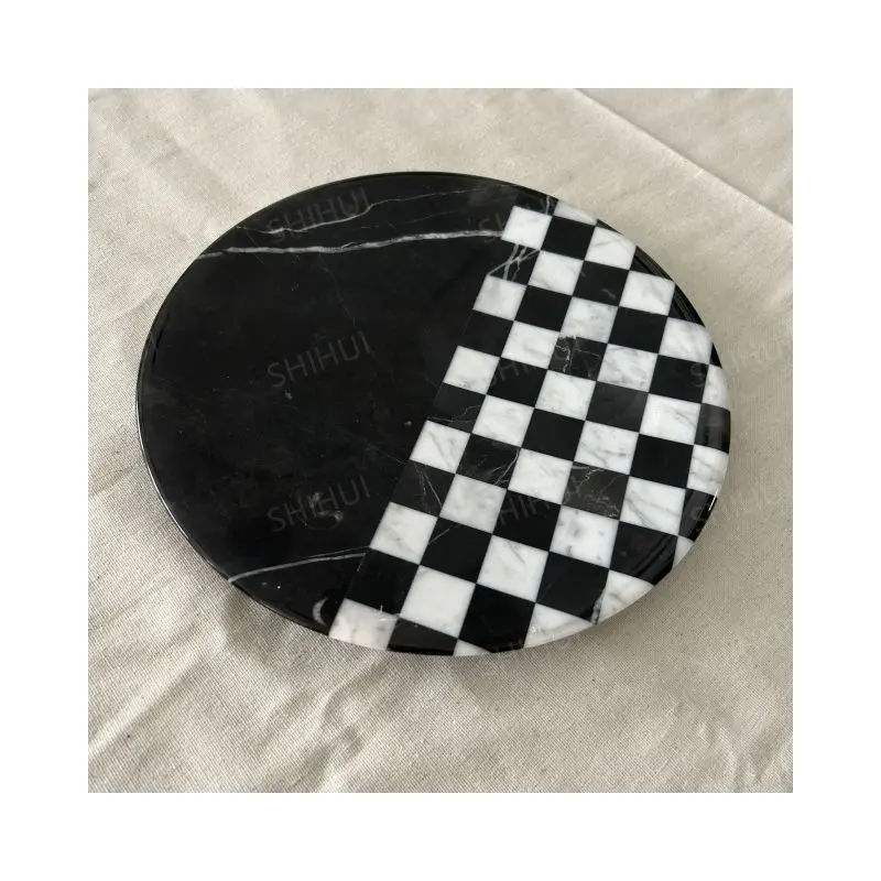 SHIHUI Wholesale Natural Marble Tray Round Home Decorations Stone Storage Serving Checker Trays Luxury Pallet Marble Trays