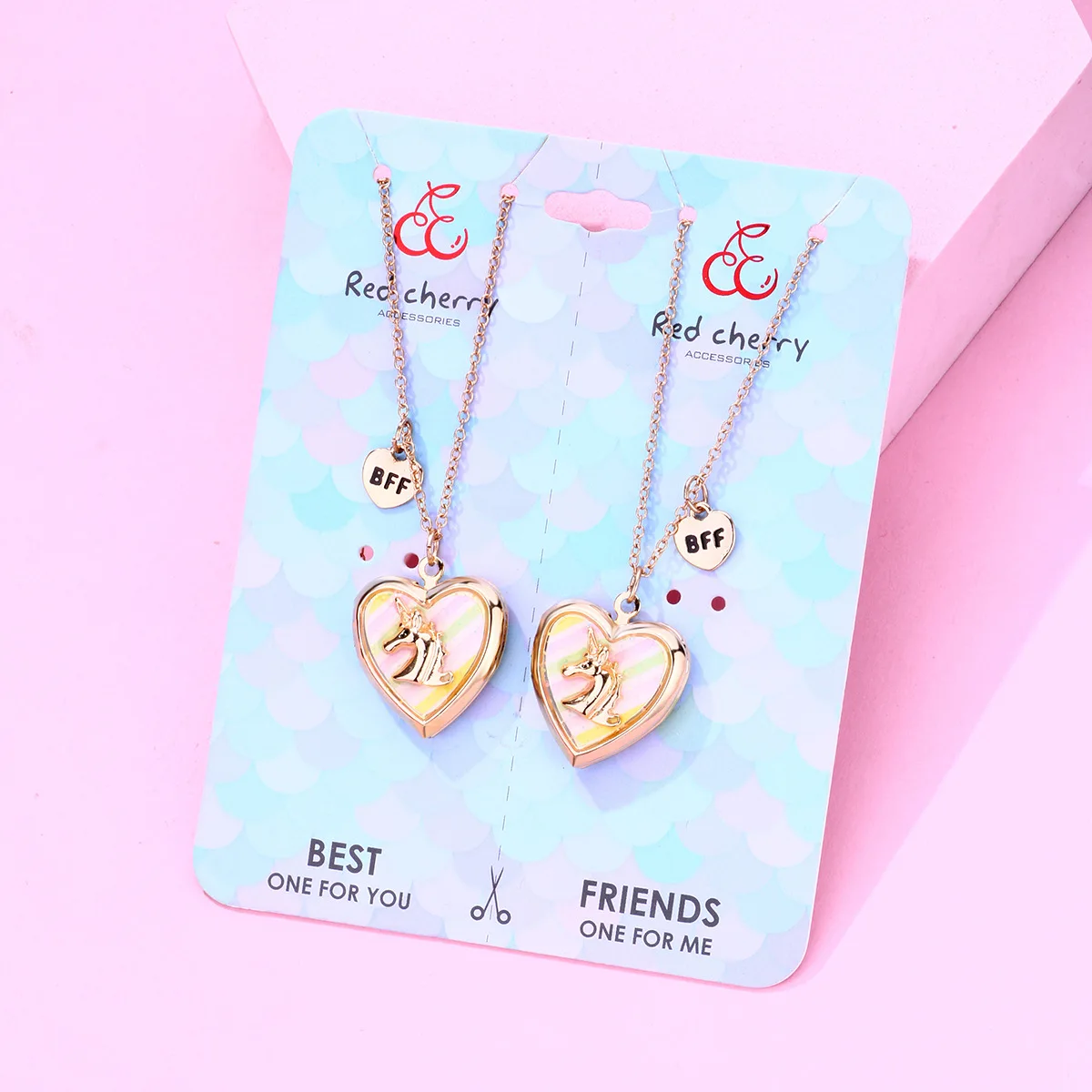 2023 New Design Kids Best Friend Couple Necklace Cute Pastel Color Unicorn Heart Open Locket Photo Pendant BFF Necklaces For Kid
