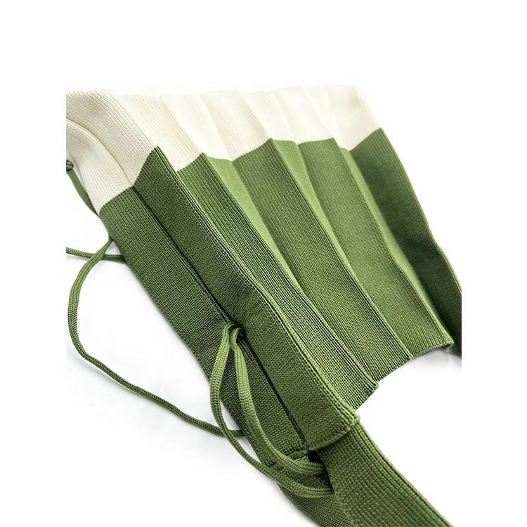 Japanese Designer Pleated Drawstring Canvas Folding Shopping Splice Woolen Knitted Color Block Wrist Handbag