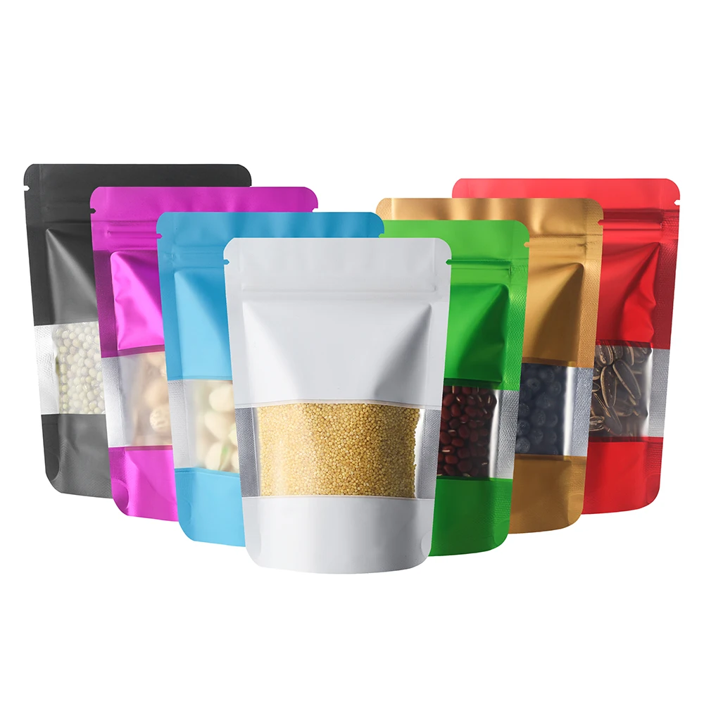 Food grade packaging black blue purple red color ziplock packing bag stand up pouch with window