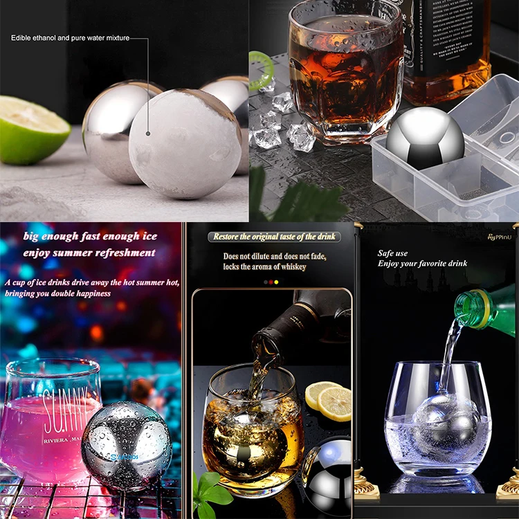 Factory Wholesale reusable chilling whiskey Ball stainless steel 304 ice cube Ball rocks with tongs for cola wine drinks