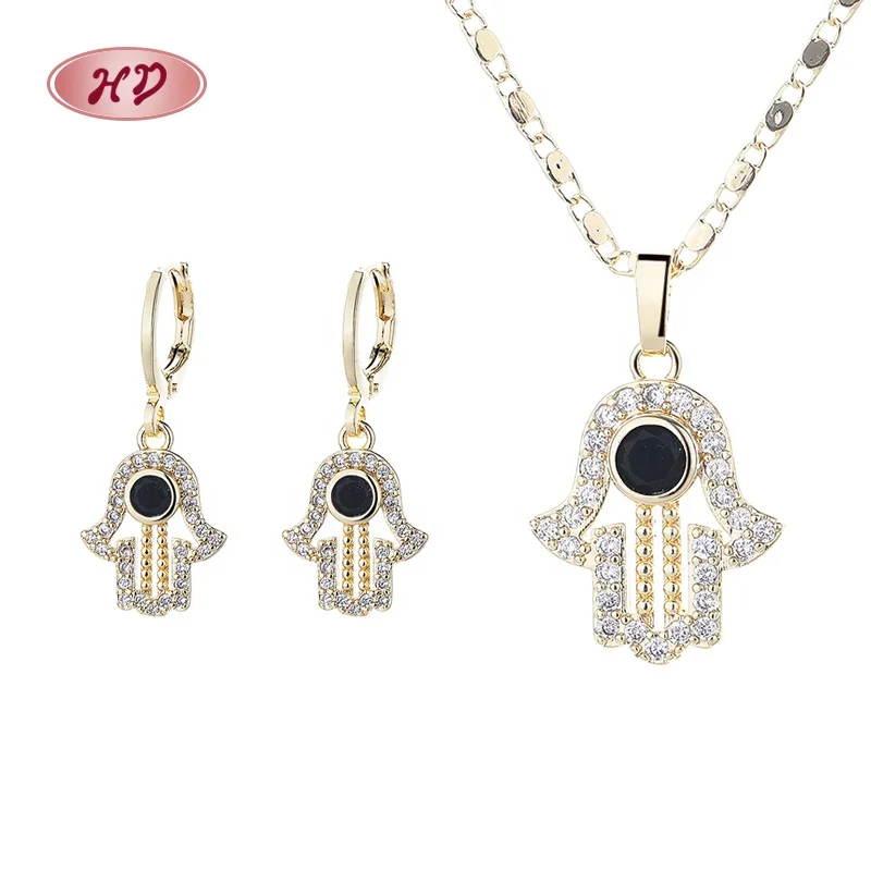 Religious PalmJewelry Sets Turkey Glamorous Brass 18K Gold Plated Cactus Earrings Necklace Jewelry Set With Zircon For Ladies