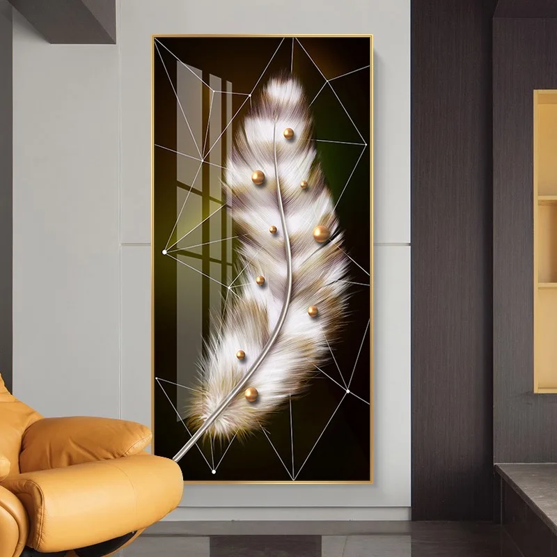 Luxury Golden Feather Wheat Painting Wall Art Deco Modern Glass