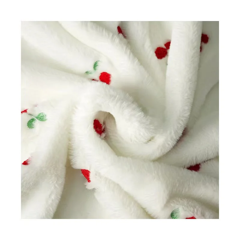 Soft and warm  white rabbit faux fur fabric with cherry embroidery for children coat and scarf