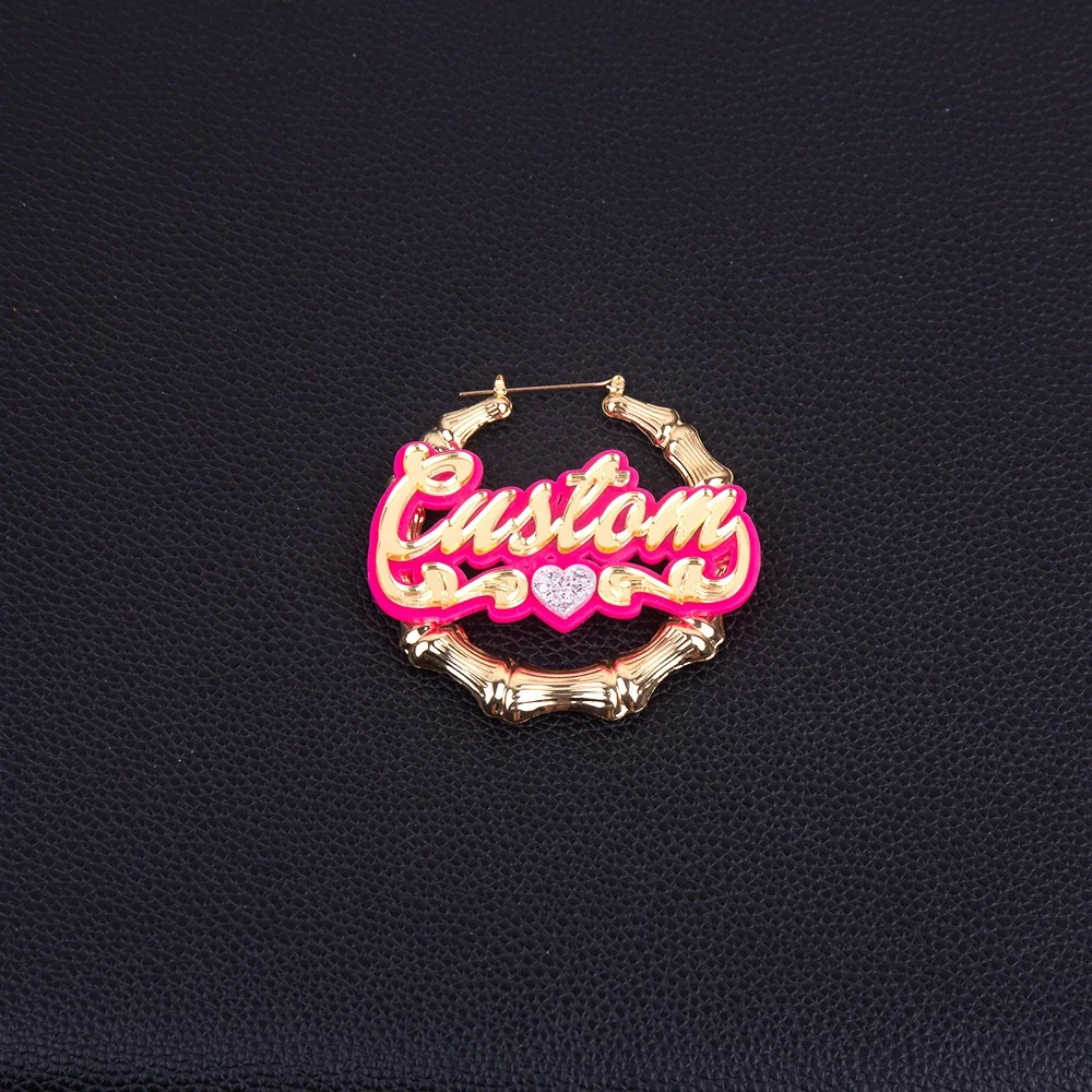 2022 New Double Plated Colorful BlingBling Summer Mirror Green Name Necklace Custom Acrylic Pendant Bamboo Hoop Earrings Set