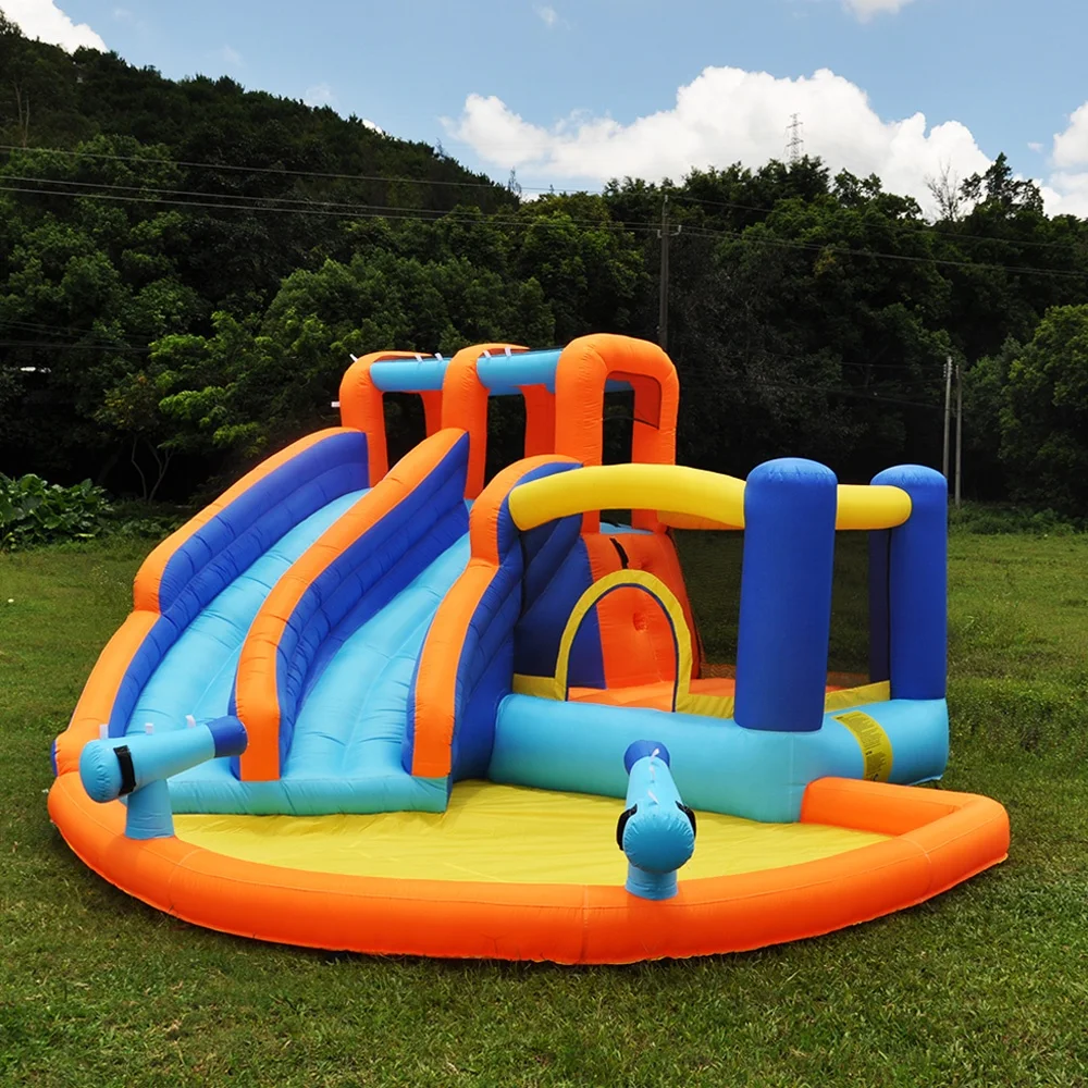 Hot selling popular multiple function inflatable playground inflatable bouncer with double water slide water guns toys