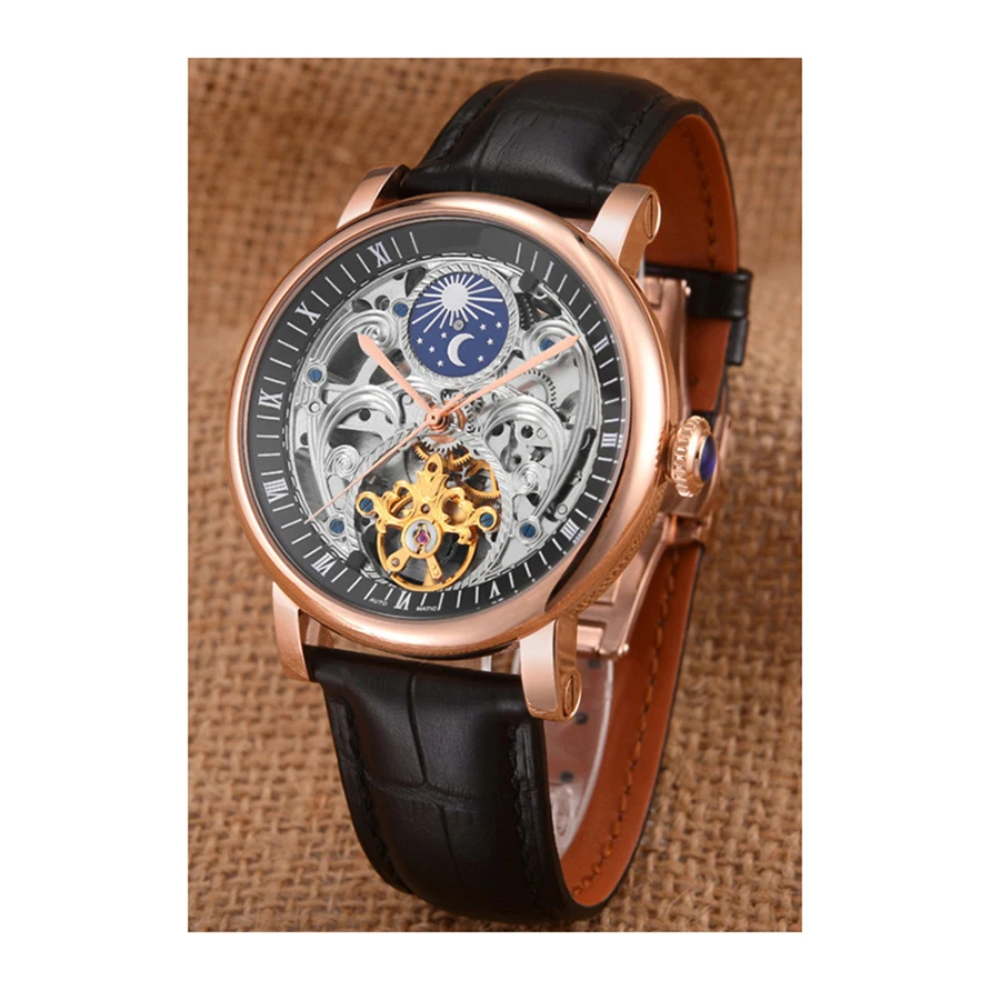 Latest cow leather strap all hollow moon phase waterproof men mechanical wristwatch