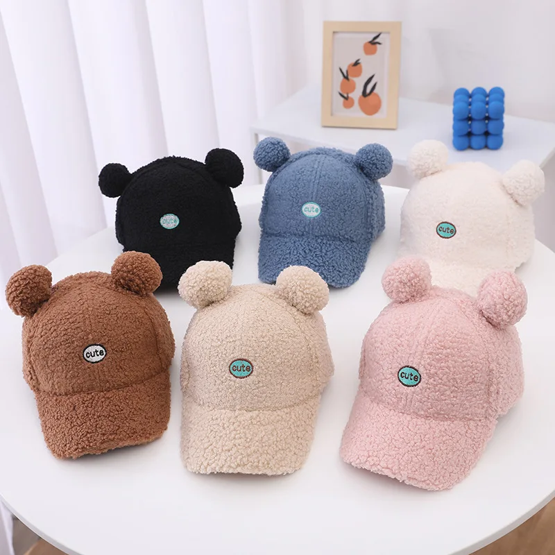 Fashion Winter Sherpa Fur Hat For Girl Custom Cute Baseball Bear Fur Cap Wool Felts Hats