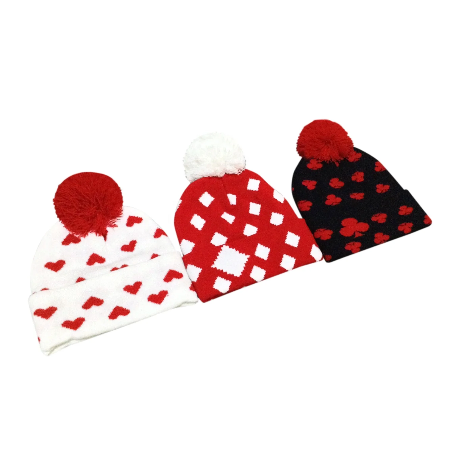 Дешевая Шапка-бини на День святого Валентина, акриловая женская вязаная шапка с сердечками Love, женская вязаная шапка на заказ с помпоном