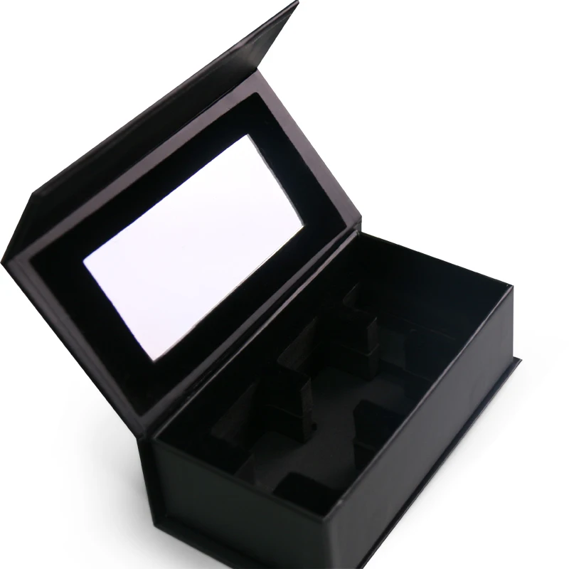 Unique black magnetic cosmetic paper box insert velvet tray and windonw