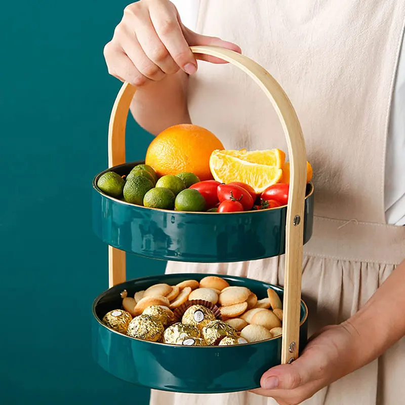 Double Ceramic Dessert Plates Dessert Stand Customize Dessert Tray Set With Gold Rim Wooden Handle for Fruits Nuts Snacks