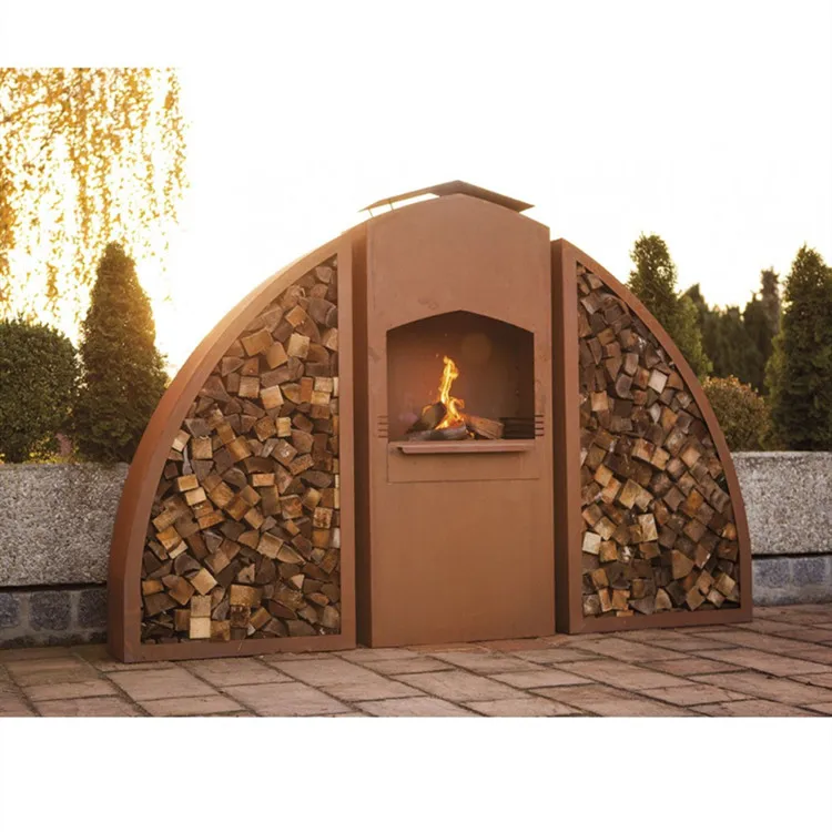 mid century modern outdoor patio triangle corten steel woodburning fireplace garden wood storage fireplace heater with bbq