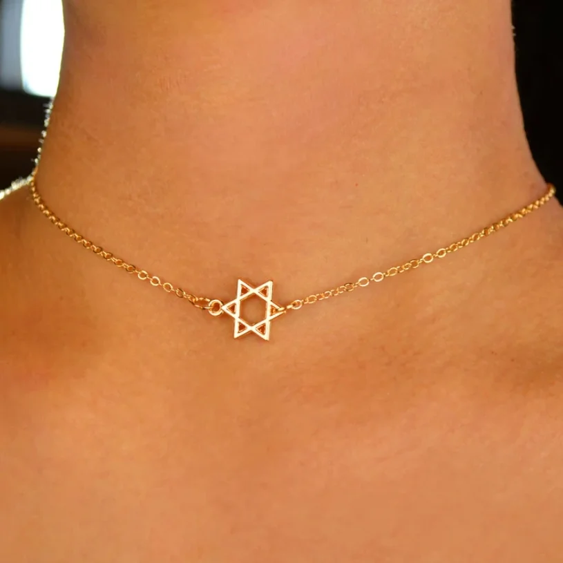 New Stock Arrival Dainty Jewish Star Necklace Choker Gold Plated Tarnish Free Stainless Steel Star Of David Necklace For Women