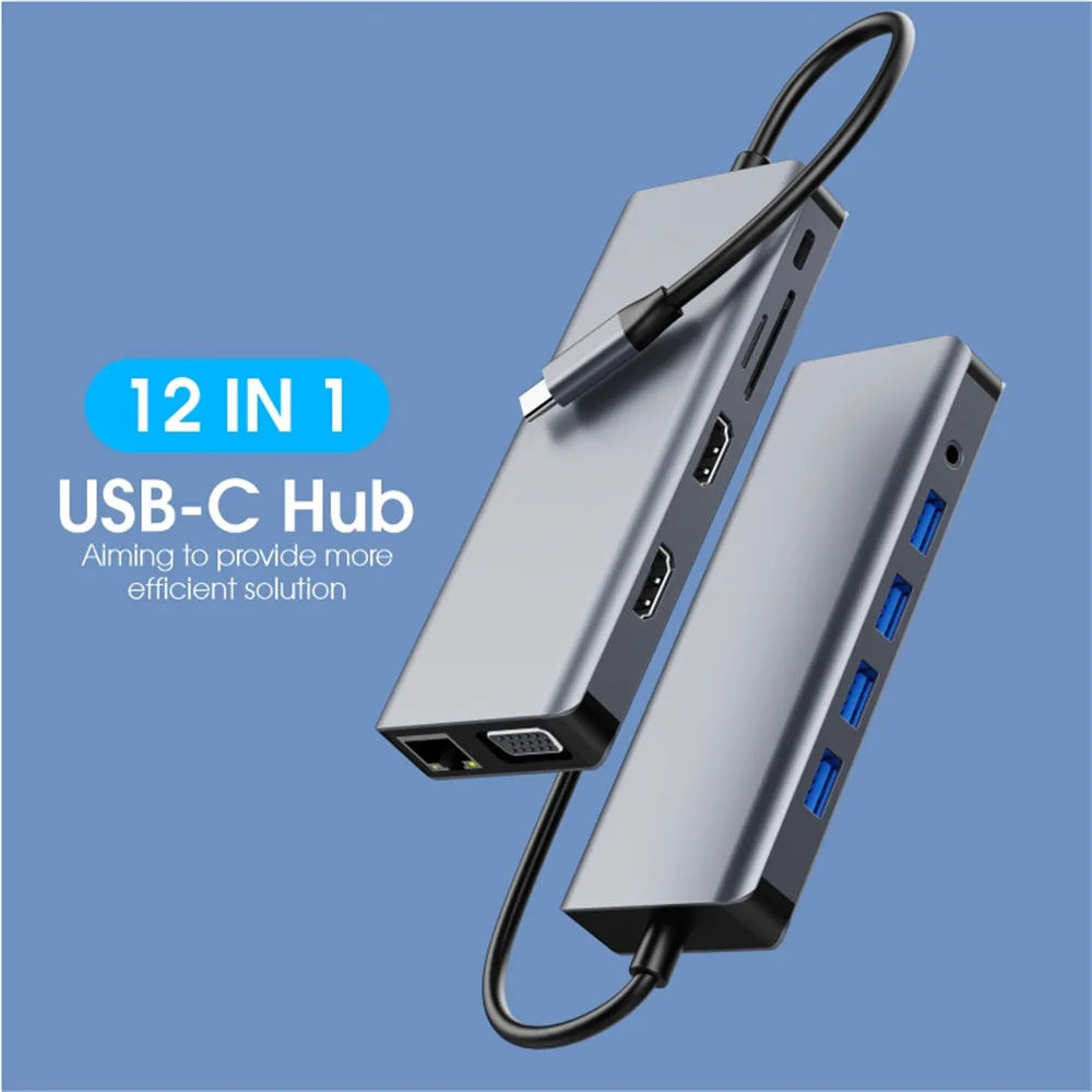 2022 New 12 in 1 Type C USB C Hub with RJ45 Dual 4K HDTV SD/TF Card Slot PD Charging Port for MacBook Pro