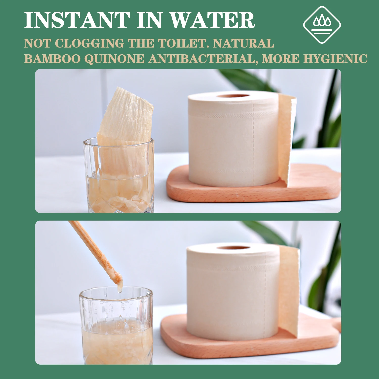 Unbleached Virgin Bamboo Pulp Strong 4ply Toilet Tissue Roll Dot Embossed Instant 12 Roll Pack 18 Rolls/Pack