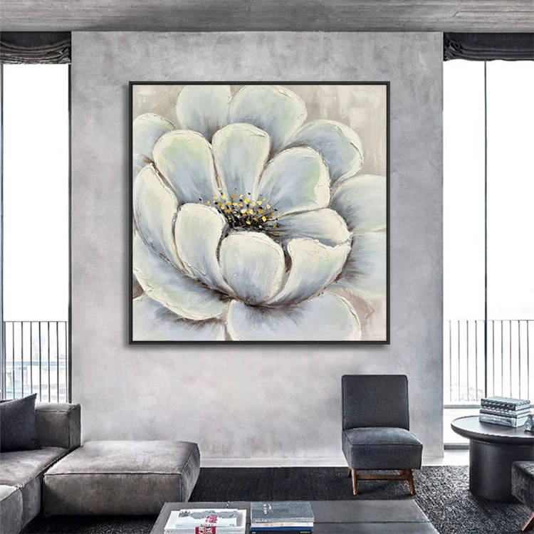 Handmade Modern Acrylic Canvas Artwork Beautiful White Floral Wall Art Flower Oil Painting