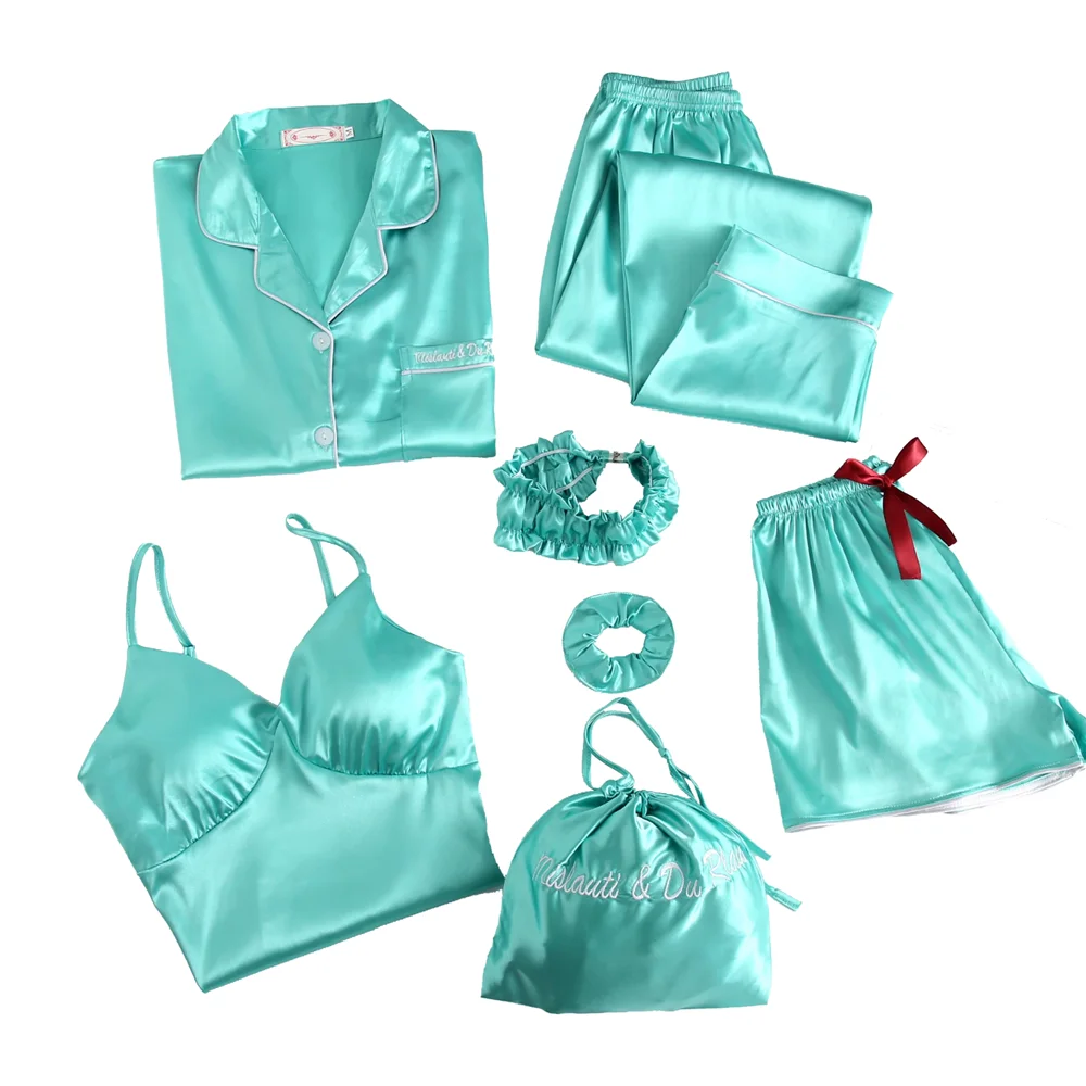 Women Silk Satin embroider Pajamas 7pcs Long Sleeve luxury Loungewear Pajamas Women Sleepwear PJ Sets