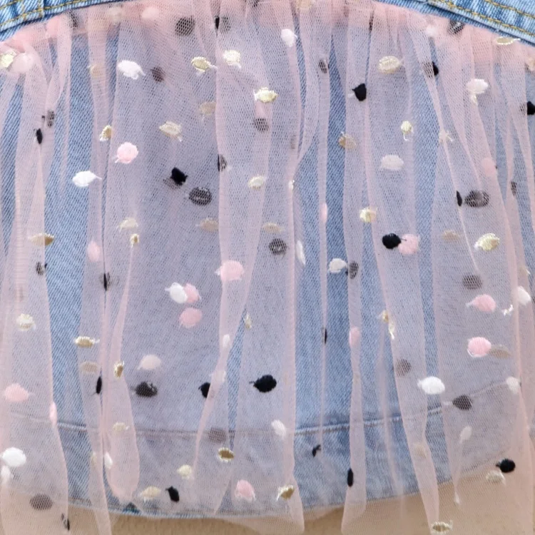 Custom children clothing kid sleeveless denim flocking tulle  girls vest