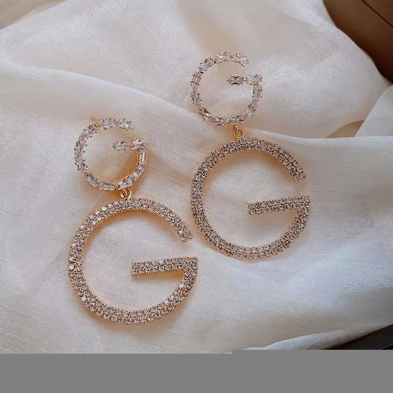 Latest Catalog Double G Famous Brand Designer Earring Long Gold Earrings Letter C B F G U Crystal Rhinestone Hoop Earrings