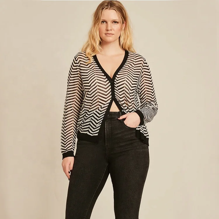 Knitwear manufacturer custom black and white stripe breathable v neck ladies knitted cardigan sweater