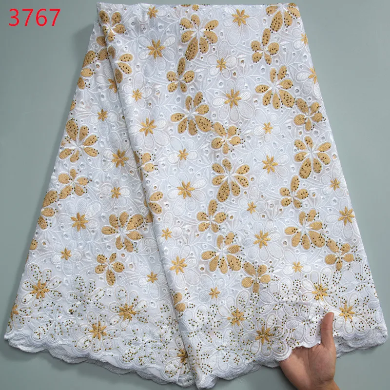 3767 High Quality Nigerian Cotton Embroidered 2024 Swiss Voile Lace 5 Yards African Lace Fabric With Crystals Dresses for Women