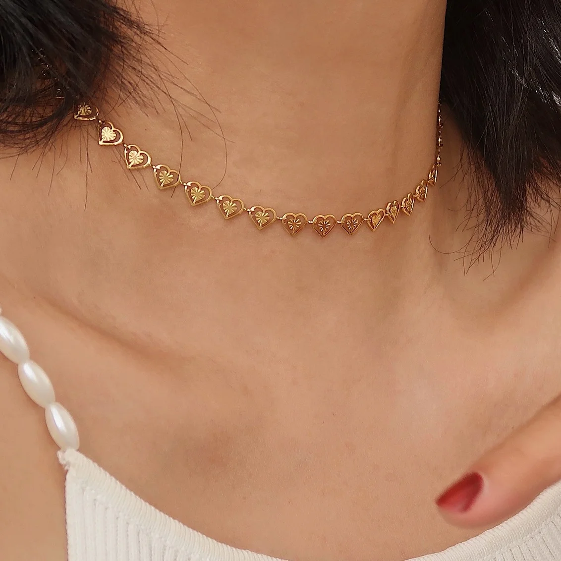 Summer Stainless Steel Linked Hollow Love Heart Necklace 18K Gold Plated Colorful Enamel Choker Necklace Women Vintage Jewelry