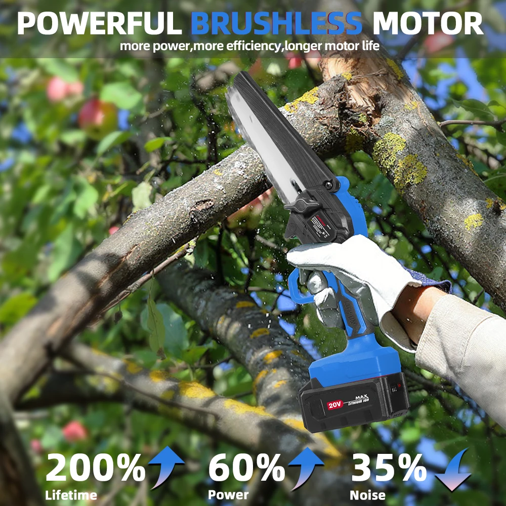 Hehui 20V Lithium Battery Brushless Mini Chain Saw Wood Working Cordless Electric Pruning Saw