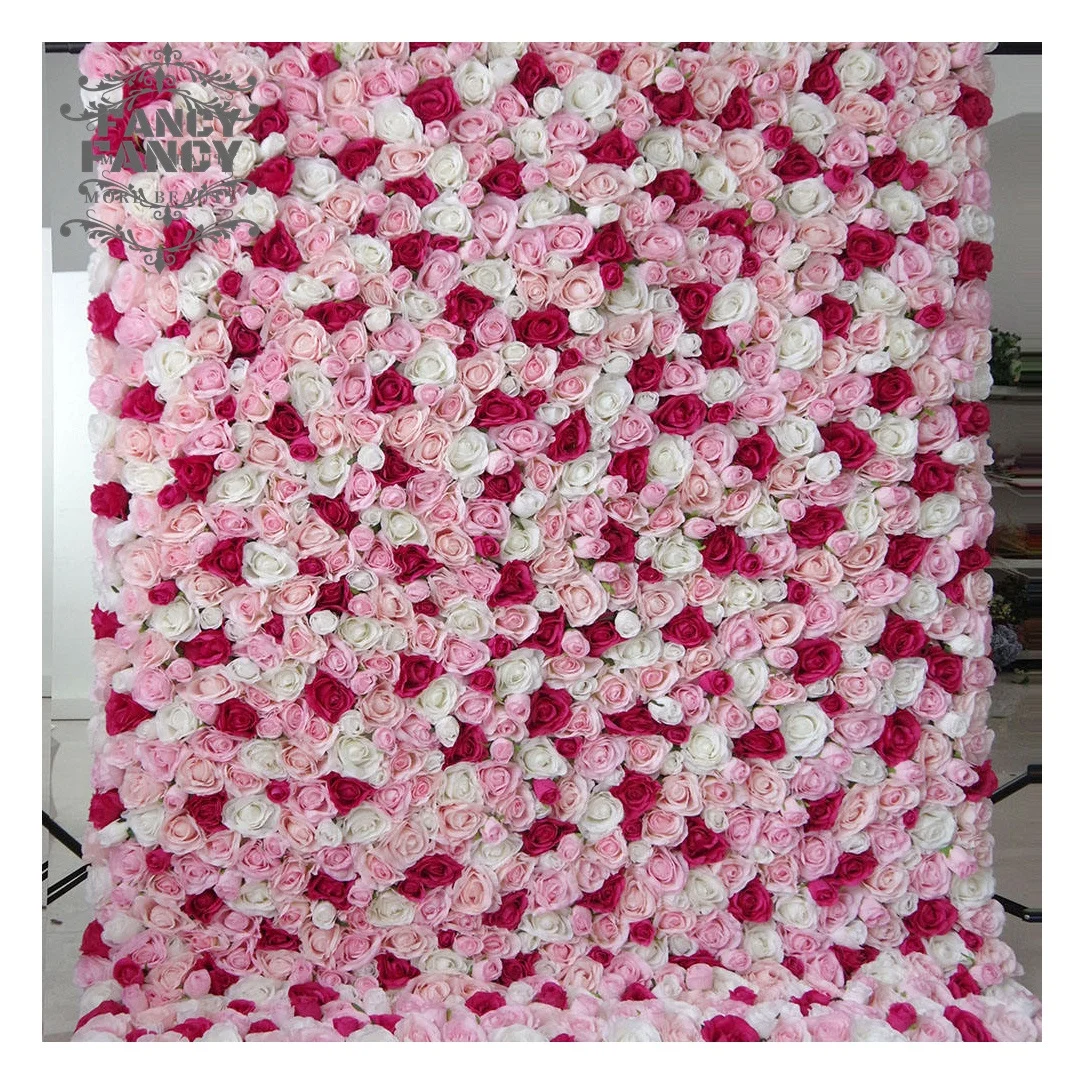 Pink Artificial Flower Wall Backdrop Hanging Rolling Up 3D Flower Wall Wedding Arrangement Party Event Decor Cloth Floral Wall