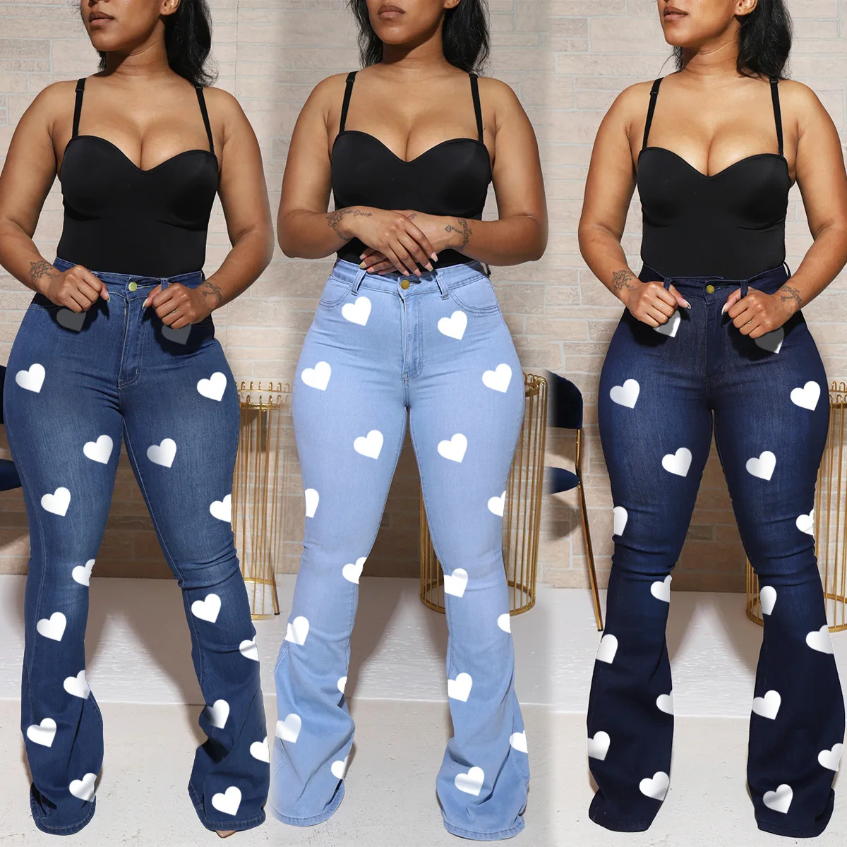 Wholesale Hottselling Stretch Lady Full Length High Waist Heart Printing 5Xl Flare Jeans Plus Size Jeans Jeans Women