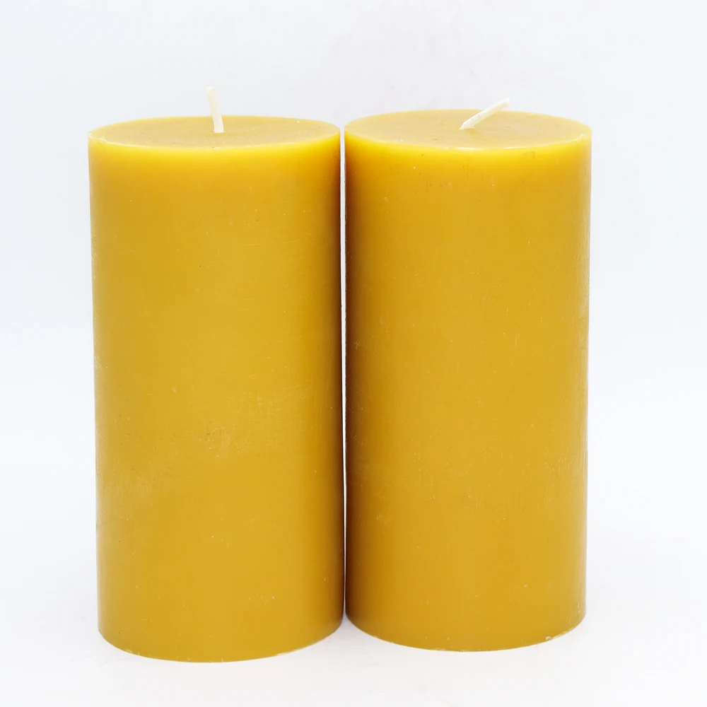 high quality natural bees wax pillar candles with different size and yellow color  packing box good and long time burning