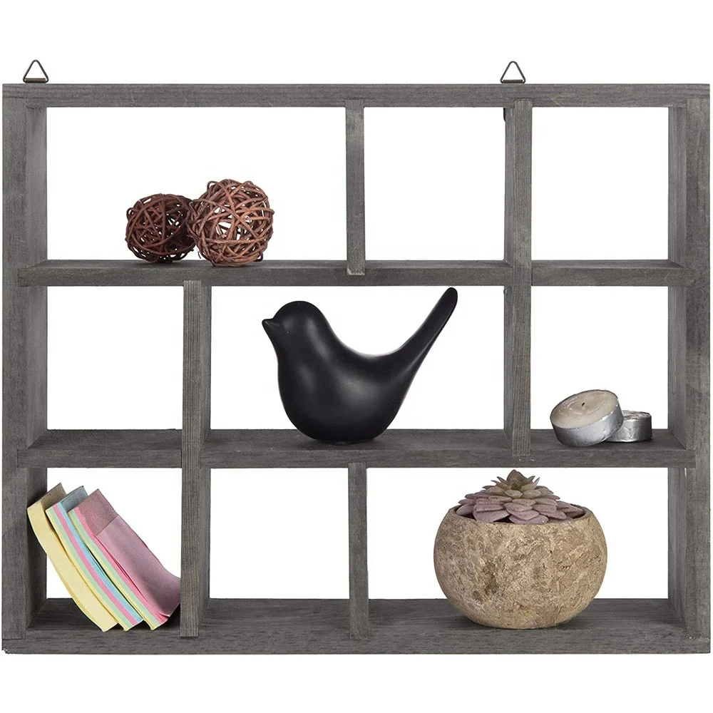 9-Compartment Freestanding/Wall Mountable Vintage Gray Wood Shadow Box Display Shelf