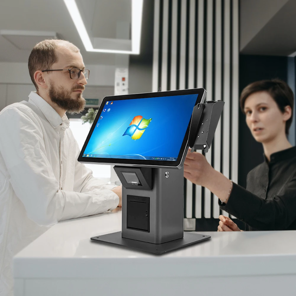 Factory 21.5 inch touch screen kiosk with built in 80mm thermal printer and scanner