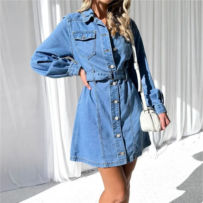 robes pour femm 2023 autumn and winter new street fashion casual button lace slim long-sleeved denim dress for women