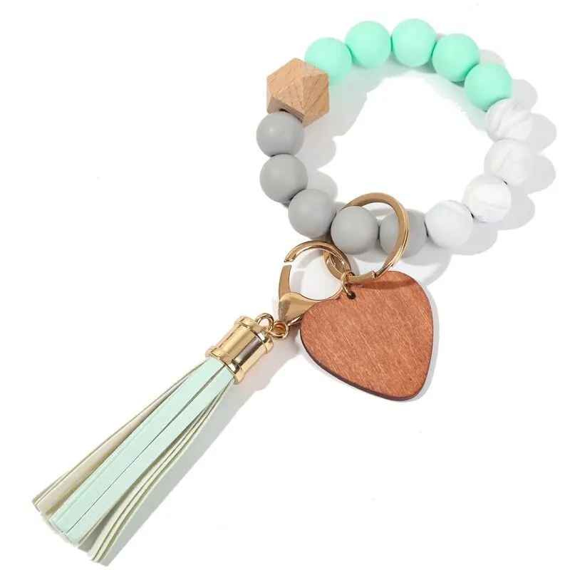 Christmas Gift Monogram Silicone Wooden Beads Heart Shape Disc Wriselect Keychain Holder