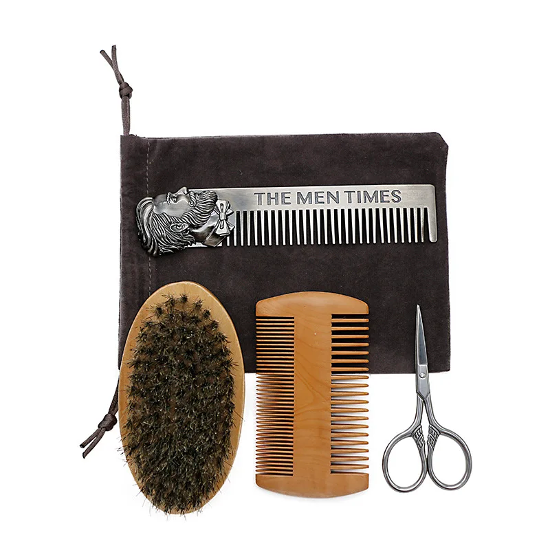 4 pcs boar beard brush and comb men grooming kit shaving set
