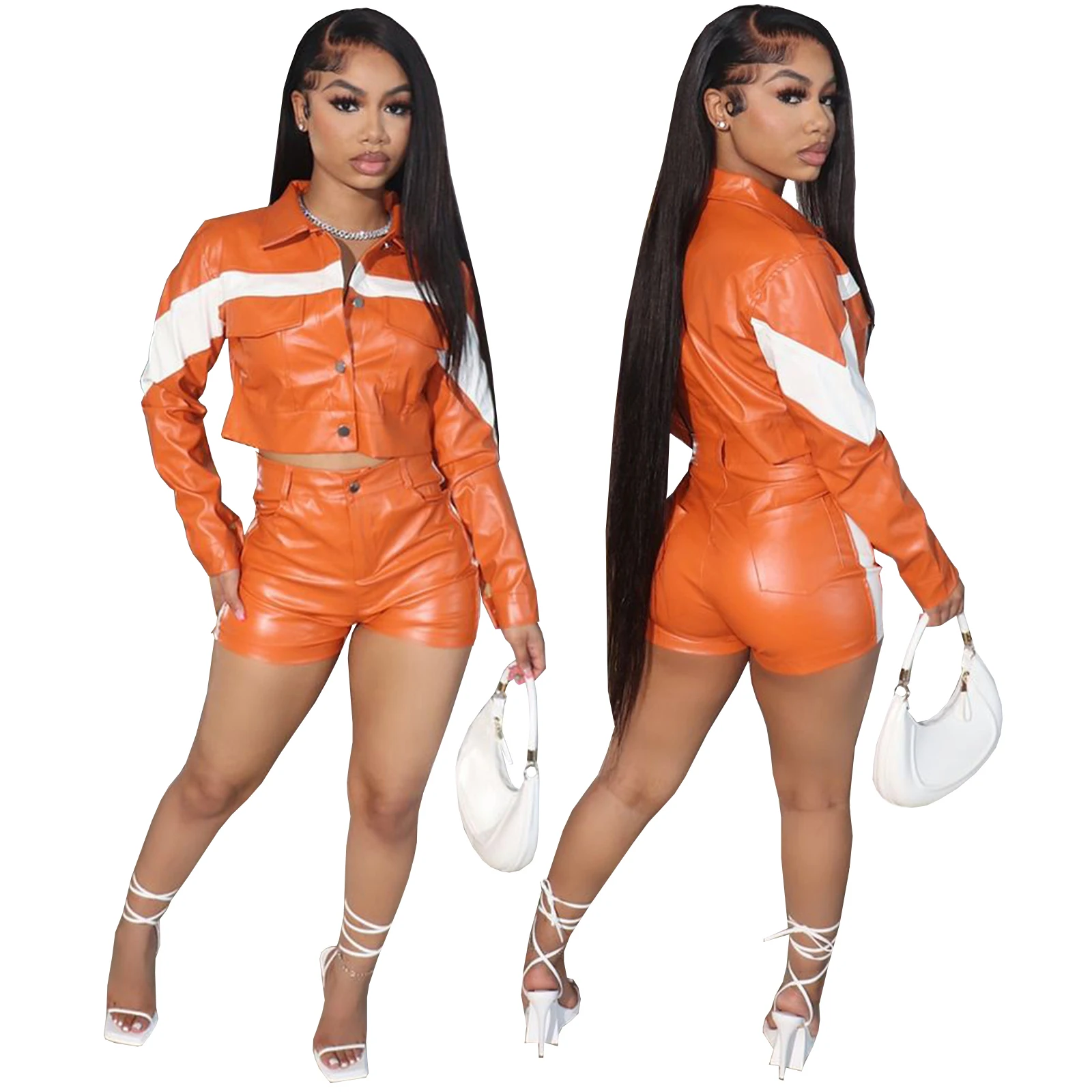 2023 New arrival leather jacket women shorts set women clothing Long Sleeve Patchwork leather 2 piece sets with jacket