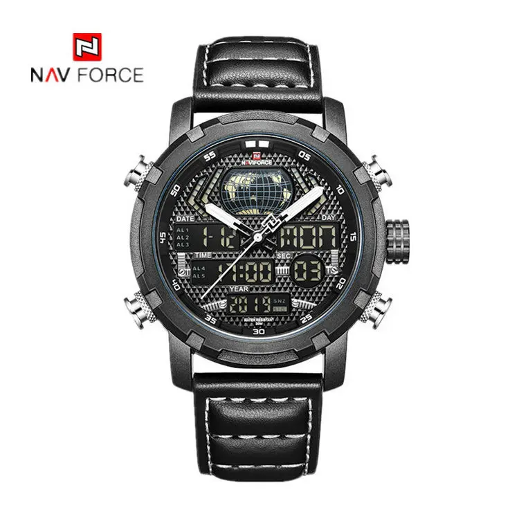 Naviforce 9160 роскошные Цифровые Аналоговые спортивные наручные часы с ремешком из натуральной кожи мужские