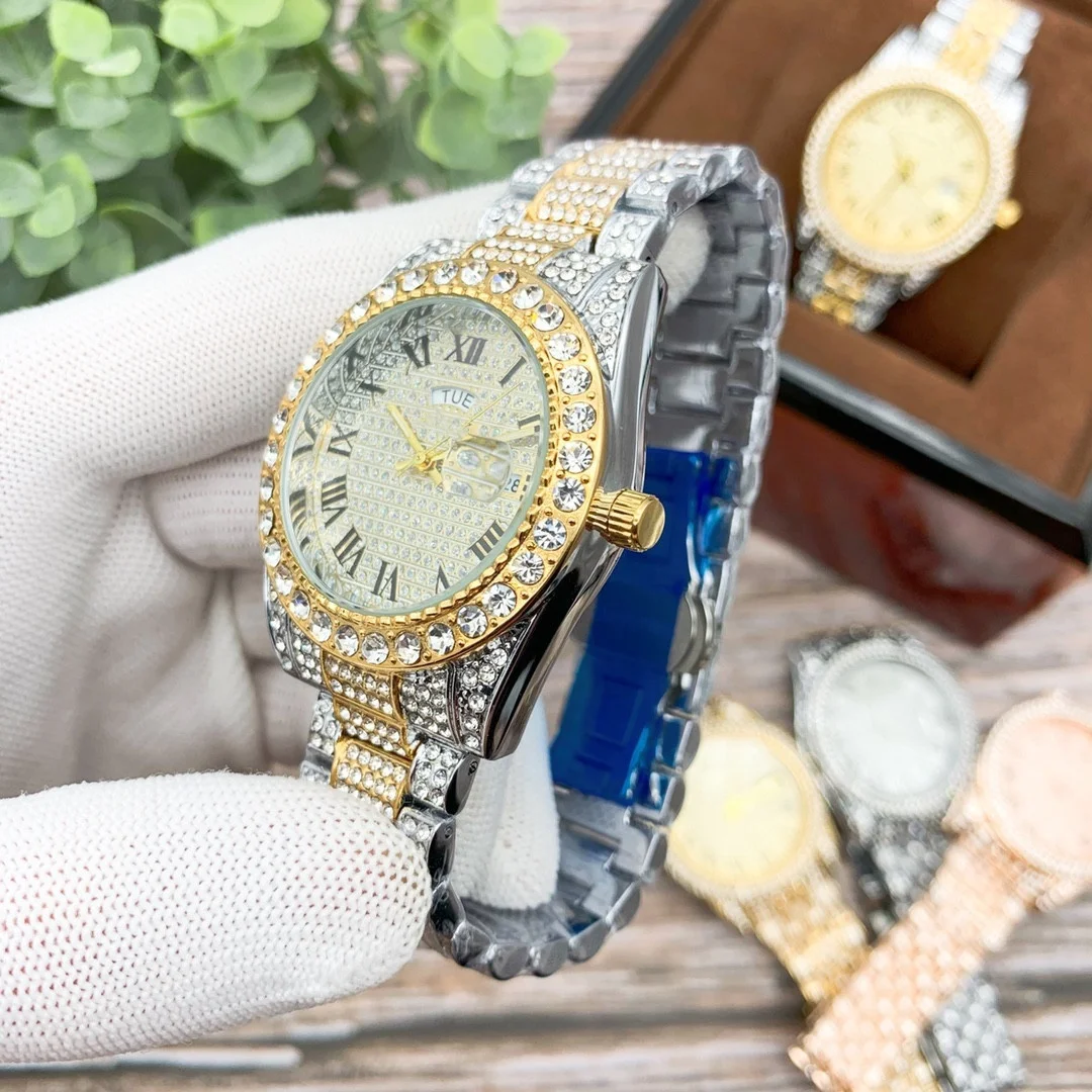 Wholesale High Quality Fully Rhinestone Diamond Hip Hop Color Gold Watch Men Luxury Iced Out Bling Wrist Watches