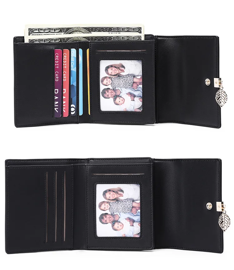 RFID anti-theft brush mini three fold credit card clip PU leather Leaf Pendant zero wallet
