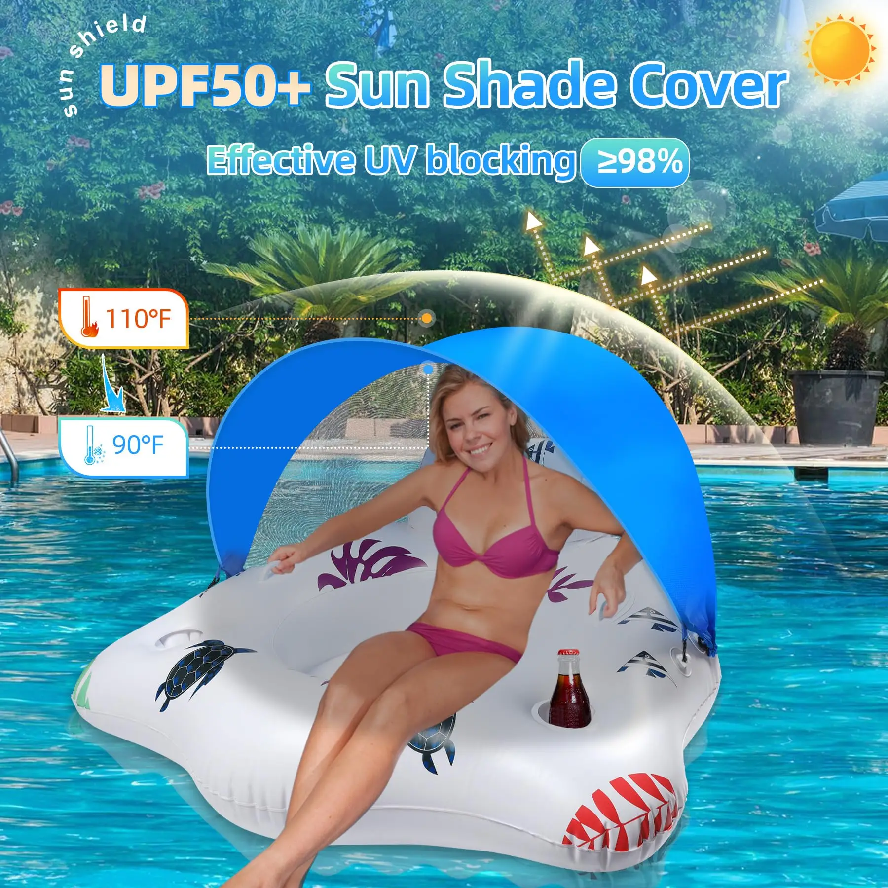 Inflatable Pool Float with Canopy, Large Pool Float Chairs with Cup Holders & Armrest, Float Pool Lounge Water Floats for Adults