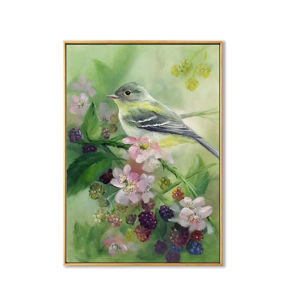 Bird Eat Fruit on Tree Spring Landscape Oil Painting on Canvas Pure Handmade Animal Wall Painting for Room Decoration Art