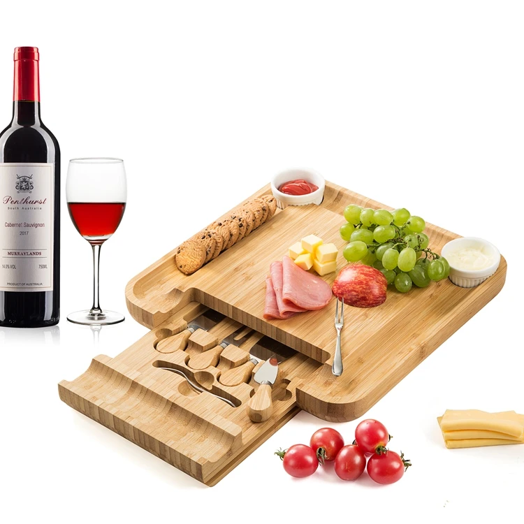 Bamboo Cheese Board & Knife Set Wood Meat Platter Charcuterie Set,Exclusive Cheeseboard With 4 Cheese Knives