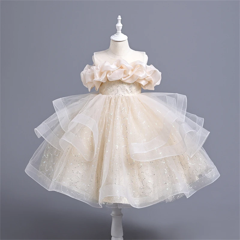 Children Girls Sequin Ball Gown Princess Piano Performance Clothes Dress Toddler Baby Girls Birthday Puffy Dresses