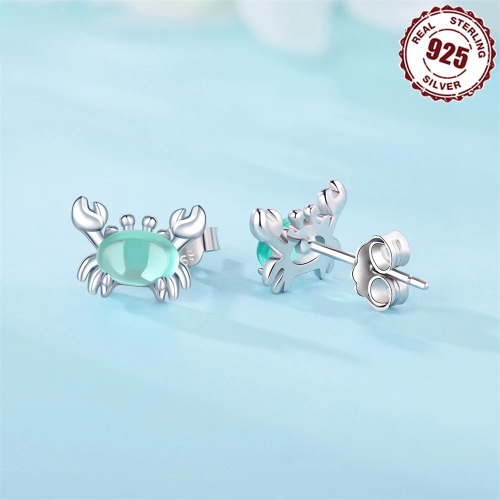 Wholesale Fashion Ear Jewelry 925 Sterling Silver Green Tourmaline Glass Crab Stud Earrings For Girl Gift No Allergies No Nickel
